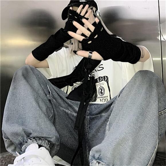 Arm Warmers Emo Punk Y2k Arm Sleeves Fingerless Gloves - Picture 5 of 6